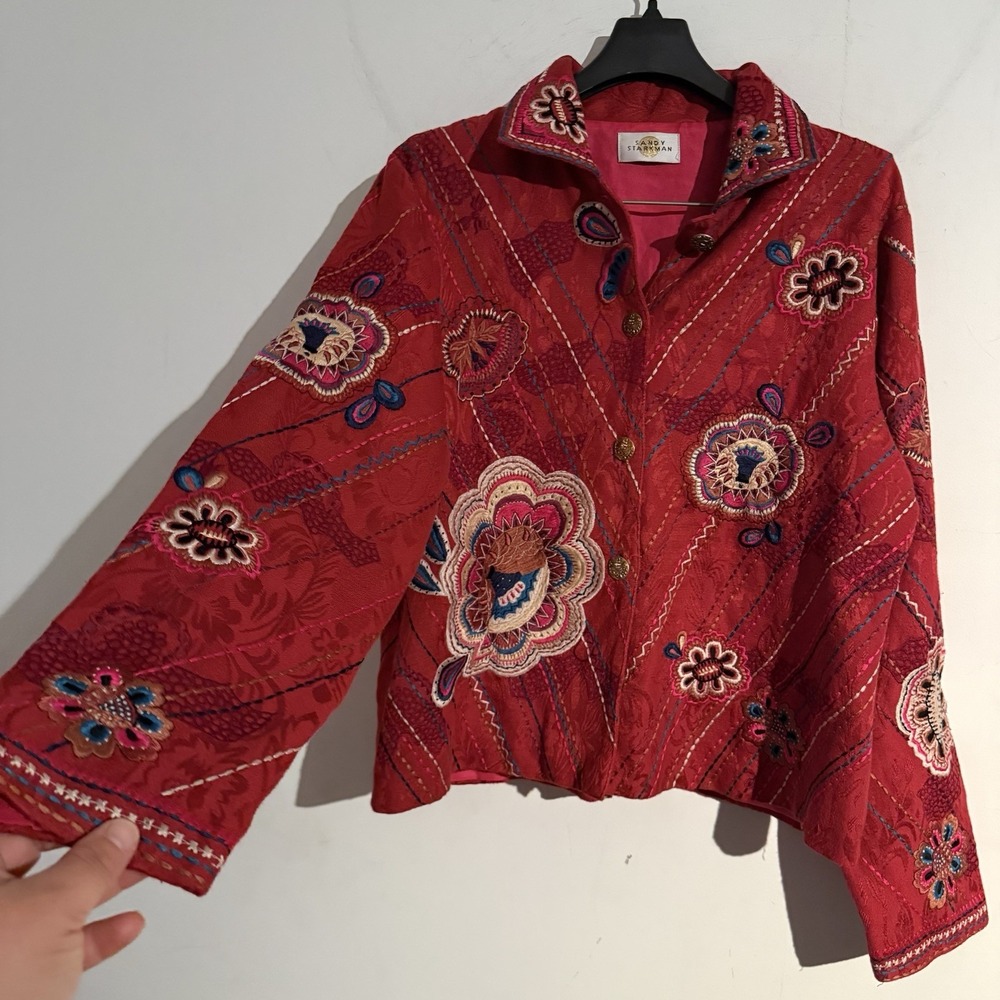 Vintage Sandy Starkman Medium Jacket Embroidered Floral Boho Artsy Maximalist